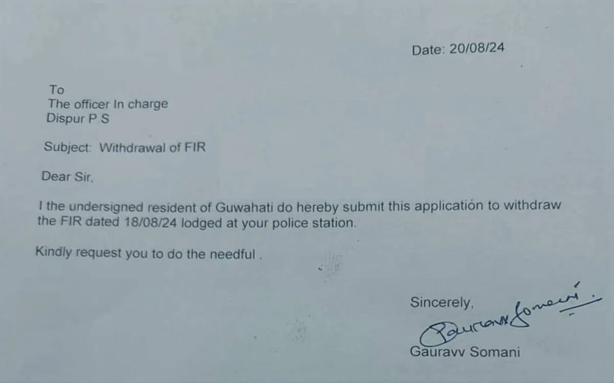 Gaurav Somani's letter seeking withdrawal of FIR against Shrinkhal Chaliha  